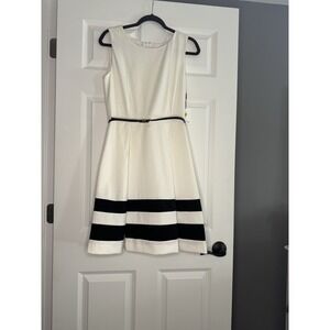 Calvin Klein Fit And Flare Belted Dress Ivory And Black Size 10 Nwt $89.99
